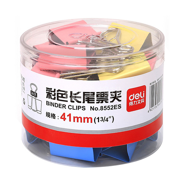 deli得力彩色长尾票夹8552es41mm混色24只1筒现货